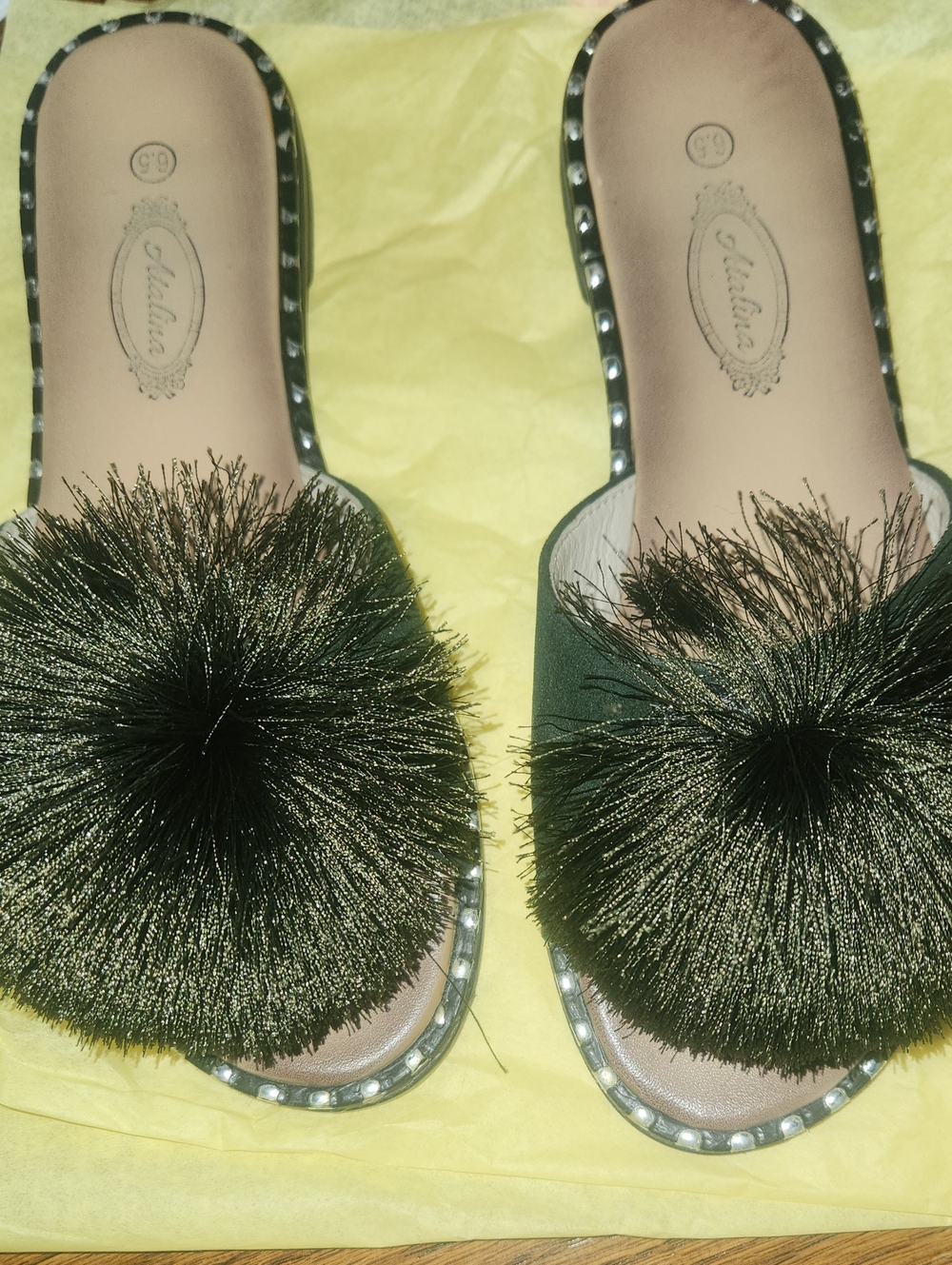 Stylish Green Pom-Pom Slip-On Women's Sandals